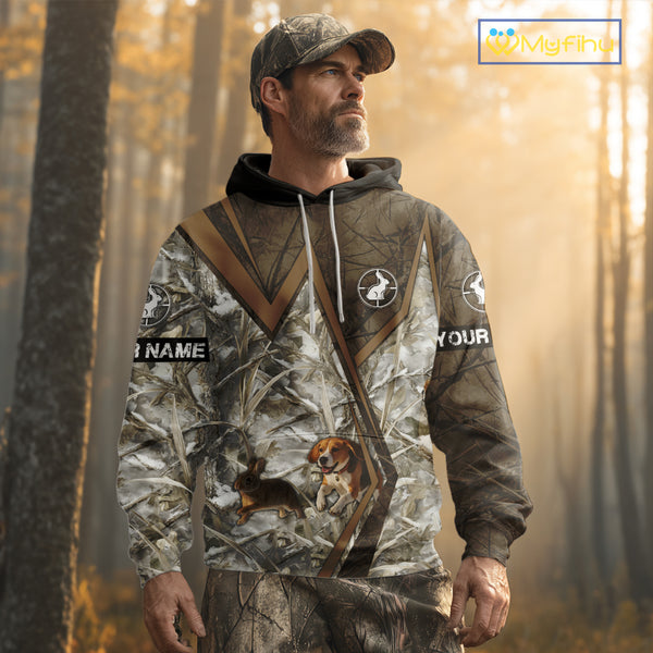 Beagle Dog Chasing the Rabbit Camo Custom Name Shirts, Rabbit Hunting Gifts NHT283