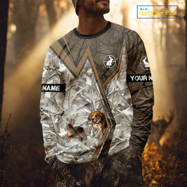 Beagle Dog Chasing the Rabbit Camo Custom Name Shirts, Rabbit Hunting Gifts NHT283