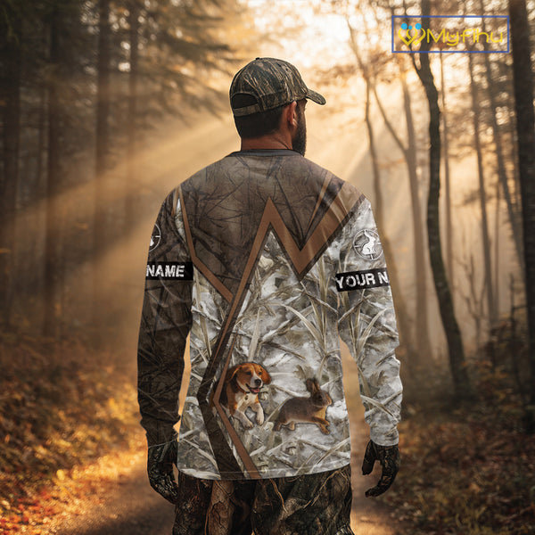 Beagle Dog Chasing the Rabbit Camo Custom Name Shirts, Rabbit Hunting Gifts NHT283