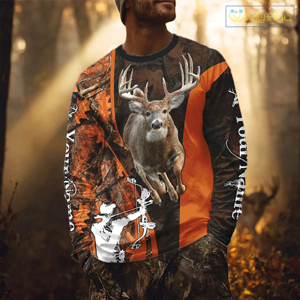 Orange Bow hunting Deer Camouflage Personalized Hunting Shirt, Hoodie Hunting Shirt For Men NHT318