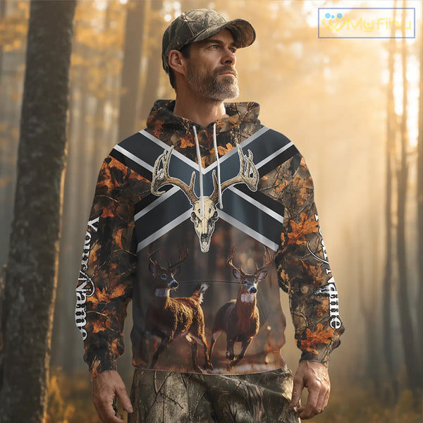 Hunting Shirt with Running Deer Design US Flag - Orange Camo Custom Name 3D Print NHT329