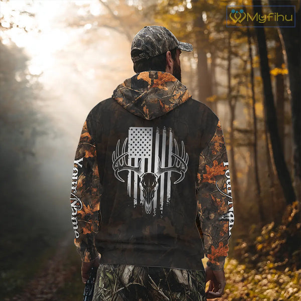 Hunting Shirt with Running Deer Design US Flag - Orange Camo Custom Name 3D Print NHT329