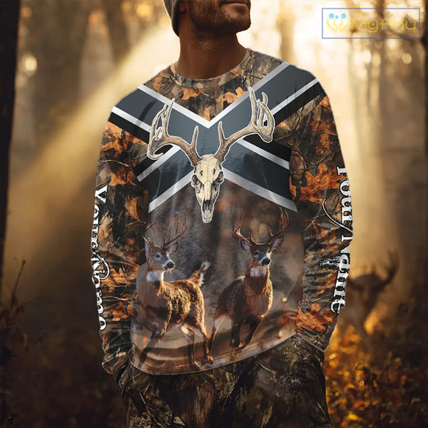 Hunting Shirt with Running Deer Design US Flag - Orange Camo Custom Name 3D Print NHT329