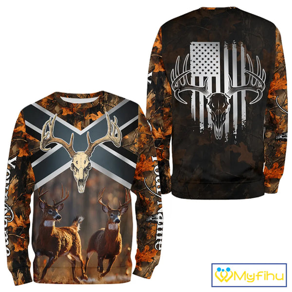 Hunting Shirt with Running Deer Design US Flag - Orange Camo Custom Name 3D Print NHT329