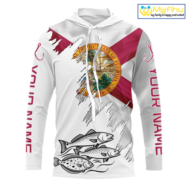 Personalized Inshore Slam Snook, Redfish,Trout Florida Flag Fishing Shirts Long Sleeve Hooded For Men NHT848