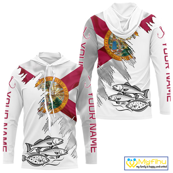 Personalized Inshore Slam Snook, Redfish,Trout Florida Flag Fishing Shirts Long Sleeve Hooded For Men NHT848