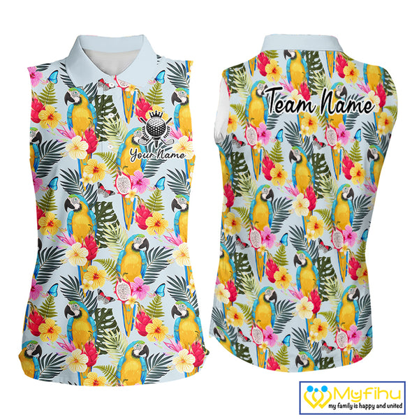 Funny Tropical Parrot Sleeveless Women Golf Polo Shirt – Custom Name Shirt For Womens, Summer Beach Vacation Outfit NHT858