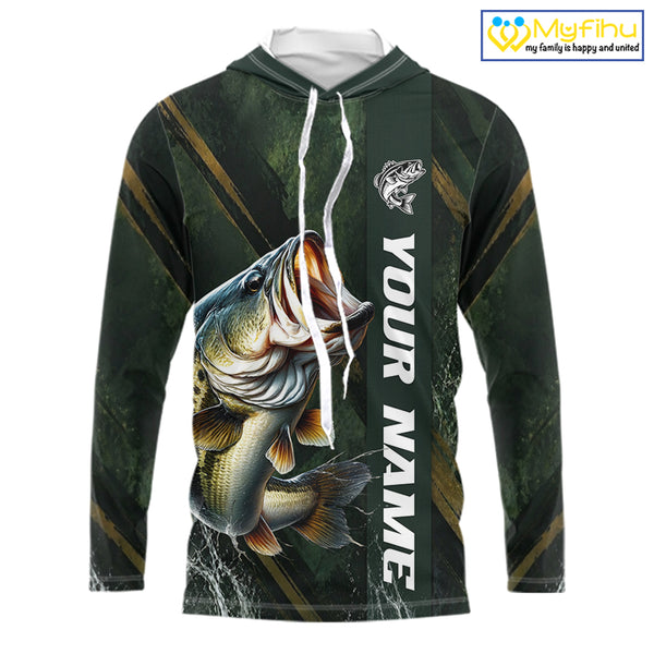 Personalized Hooded Bass Fishing Jersey – Green Angler Shirt Custom Name, Fishing Gift For Men NHT874
