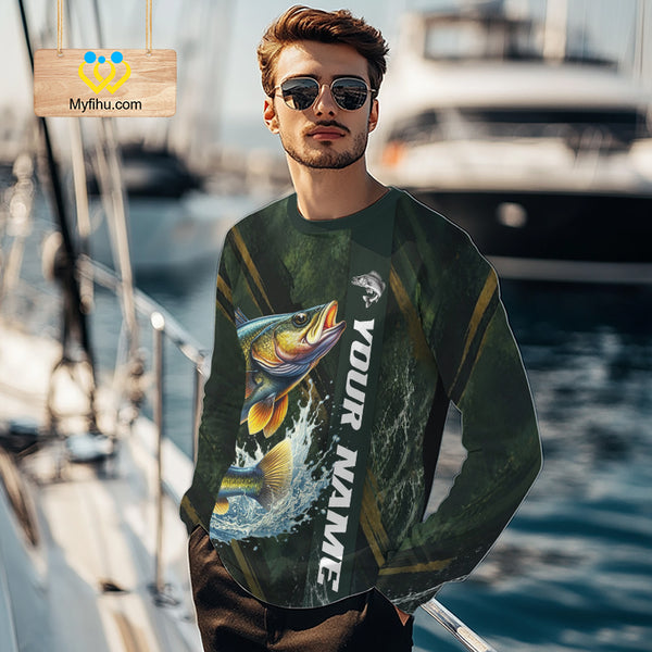 Personalized Walleye Fishing Jersey – Green Angler Shirt Custom Name, Fishing Gift For Men NHT876