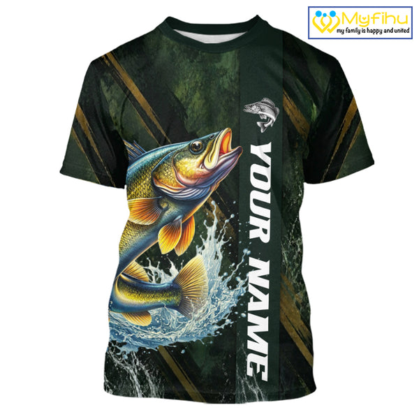 Personalized T-Shirts Walleye Fishing Jersey – Green Angler Shirt Custom Name, Fishing Gift For Men NHT876