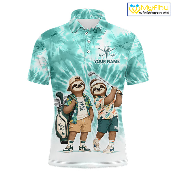 Funny Sloth Golf Polo Shirt For Men –  Blue Tie Dye Custom Name Golf Shirt, Golf Gift NHT880