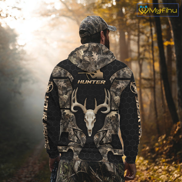 Skull Deer Hunting Custom Name Brown Camo Shirt, Hunting Hoodie For Hunters NHT348