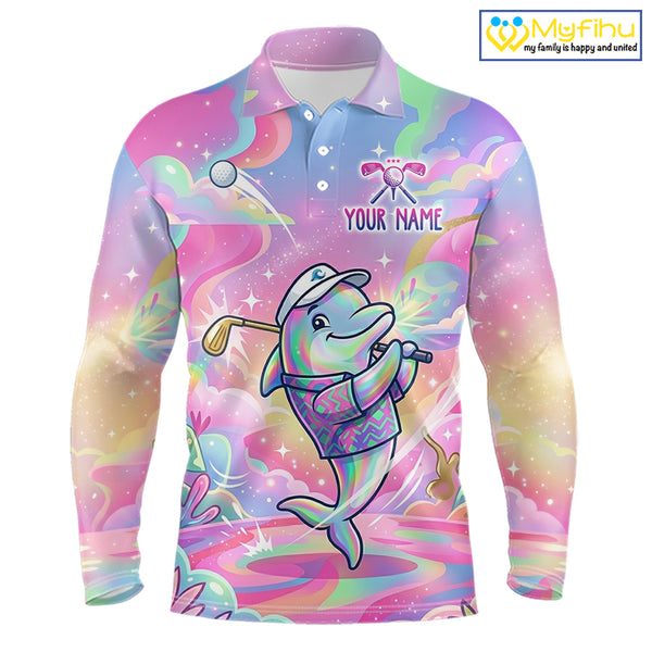 Funny Pastel Dolphin Mens Golf Polo Shirt Custom Ocean Golf Shirt, Polo Gift For Golf Lovers NHT897