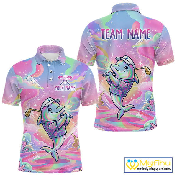 Funny Pastel Dolphin Mens Golf Polo Shirt Custom Ocean Golf Shirt, Polo Gift For Golf Lovers NHT897