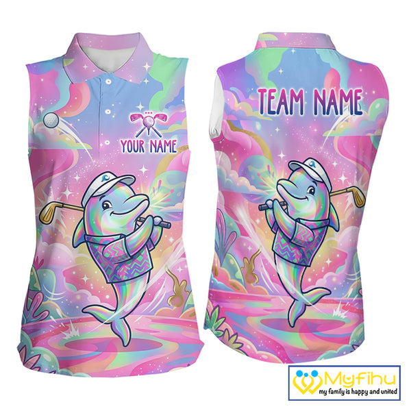 Funny Pastel Dolphin Womens Sleeveless Golf Polo Shirt Custom Ocean Golf Shirt, Polo Gift For Golf Lovers NHT897