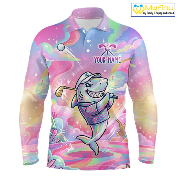 Funny Pastel Shark Mens Golf Polo Shirt Custom Ocean Golf Shirt, Polo Gift For Golf Lovers NHT898
