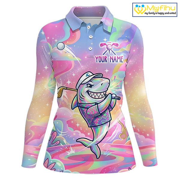 Funny Pastel Shark Womens Golf Polo Shirt Custom Ocean Golf Shirt, Polo Gift For Golf Lovers NHT898