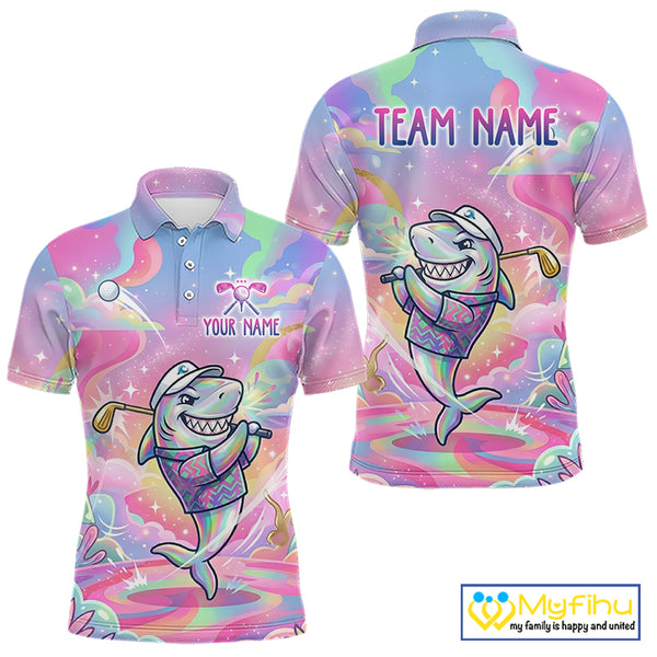 Funny Pastel Shark Mens Golf Polo Shirt Custom Ocean Golf Shirt, Polo Gift For Golf Lovers NHT898