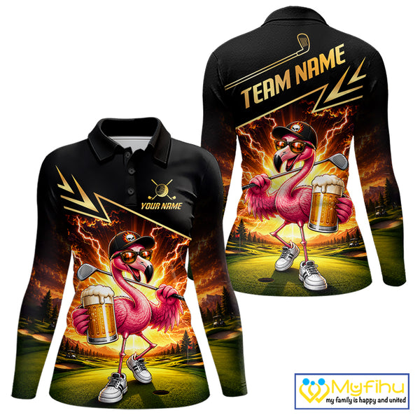 Funny Flamingo Womens Golf Polo Shirts Custom Golf And Beer Golf Apparel For Golfer NHT900