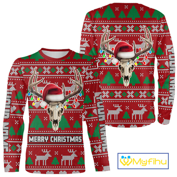 Funny Ugly Sweater Pattern Skull Deer Hunting Custom All Over Print Shirts NHT302
