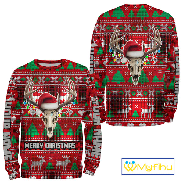Funny Ugly Sweater Pattern Skull Deer Hunting Custom All Over Print Shirts NHT302