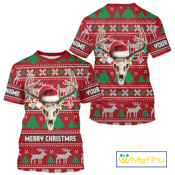 Funny Ugly Sweater Pattern Skull Deer Hunting Custom All Over Print Shirts NHT302