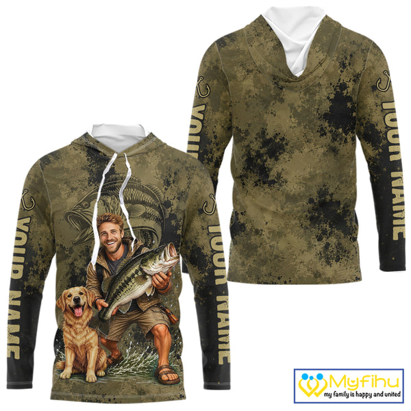 Custom Father's Day Bass Hooded Fishing Shirt With Face, Personalized Custom Photo Funny Fishing Shirt|Dark NHT916