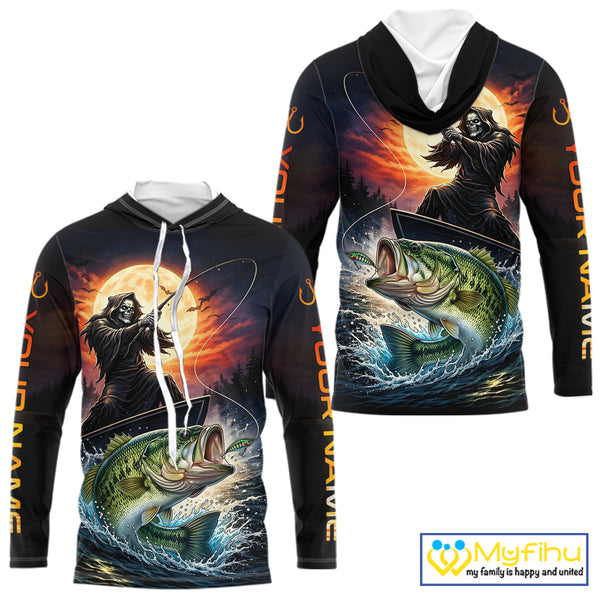 Personalized Fish Reaper Fishing Shirts Jerseys, Fish Reaper Sunset Bass Fishing Shirts Long Sleeve Hooded NHT829
