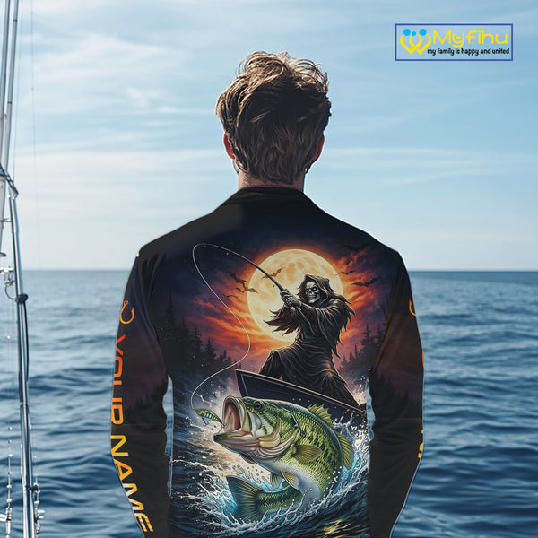 Personalized Fish Reaper Fishing Shirts Jerseys, Fish Reaper Sunset Bass Fishing Shirts Long Sleeve NHT829
