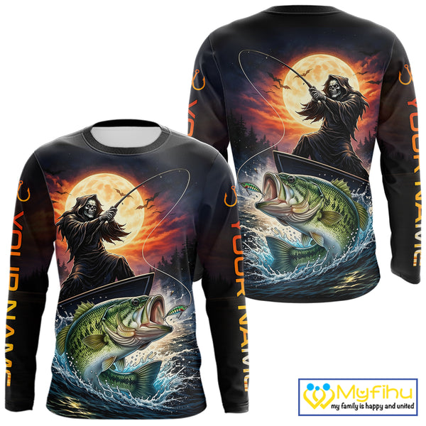 Personalized Fish Reaper Fishing Shirts Jerseys, Fish Reaper Sunset Bass Fishing Shirts Long Sleeve NHT829