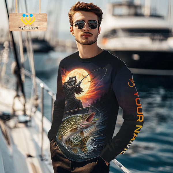 Personalized Fish Reaper Fishing Shirts Jerseys, Fish Reaper Sunset Pike Fishing Shirts Long Sleeve NHT830