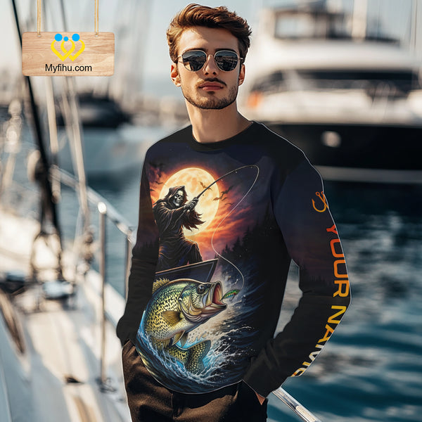 Personalized Fish Reaper Fishing Shirts Jerseys, Fish Reaper Sunset Crappie Fishing Shirts Long Sleeve NHT831