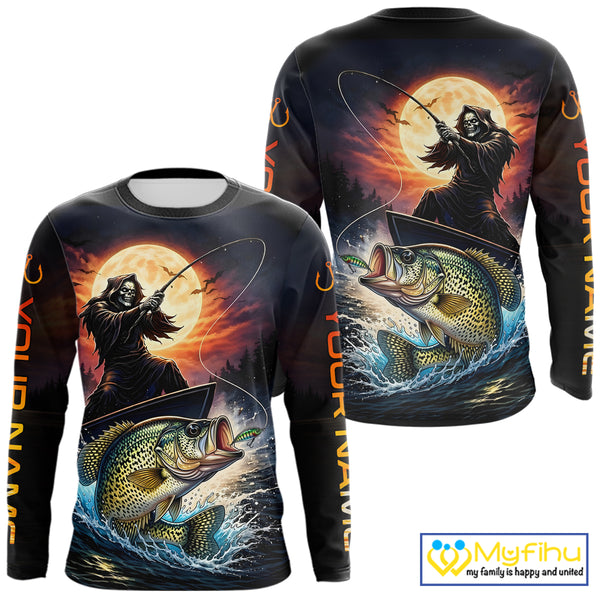 Personalized Fish Reaper Fishing Shirts Jerseys, Fish Reaper Sunset Crappie Fishing Shirts Long Sleeve NHT831