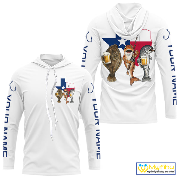 Texas Slam Funny Fishing Redfish, Trout, Flounder Fishing Shirts Long Sleeve Hooded For Men| White NHT843