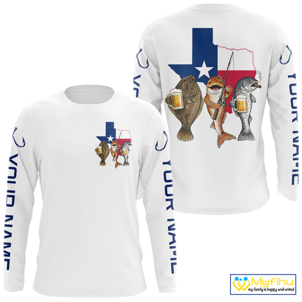 Texas Slam Funny Fishing Redfish, Trout, Flounder Fishing Shirts Long Sleeve For Men| White NHT843