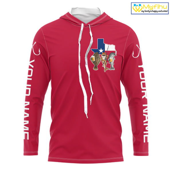 Texas Slam Funny Fishing Redfish, Trout, Flounder Fishing Shirts Long Sleeve Hooded For Men| Red NHT844