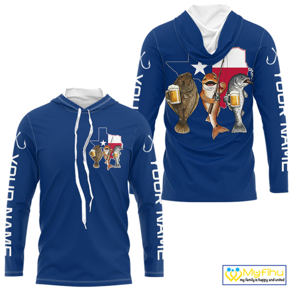 Texas Slam Funny Fishing Redfish, Trout, Flounder Fishing Shirts Long Sleeve Hooded For Men| Blue Navy NHT845