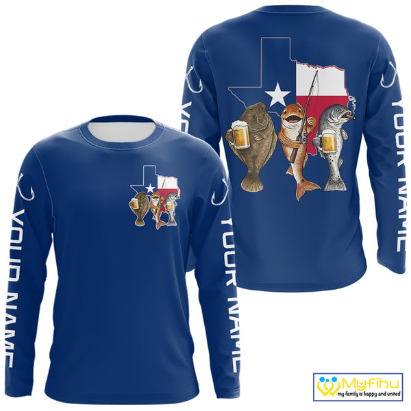Texas Slam Funny Fishing Redfish, Trout, Flounder Fishing Shirts Long Sleeve For Men| Blue Navy NHT845