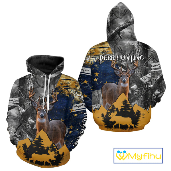 WhiteTails Deer Hunting Alaska Flag with Custom Name, Camo Gray Camouflage Details  NHT09