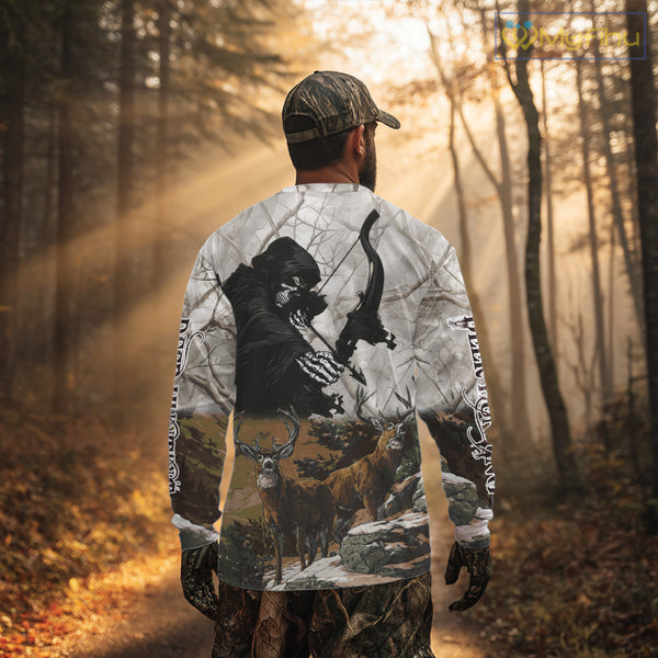 Brown Bowhunting Deer Camouflage Personalized Hunting Bow Grim Reaper Shirt NHT17