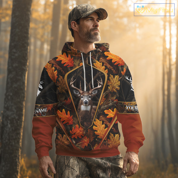 Personalized Whitetail Deer Hunting 3D All Over Printed Hoodie Orange Autumn Leaves Camo NHT43