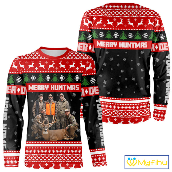 Custom Merry Huntmas Shirt – Personalized Deer Hunting Christmas Shirt with Your Photo NHT308