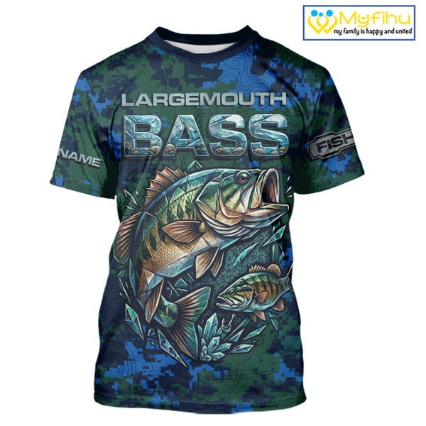 Green Camo Bass Short Sleeve Fishing T-Shirts, Bass Fishing Jersey, Performance Fishing Apparel NHT877