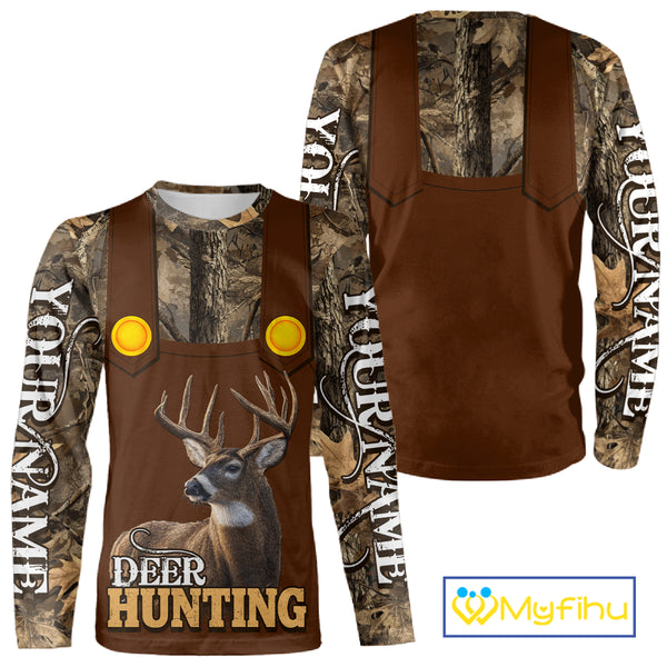 Deer Hunting Hoodie & Sweatshirt – Brown Bib Overalls Style with Custom Name Camo Design NHT346