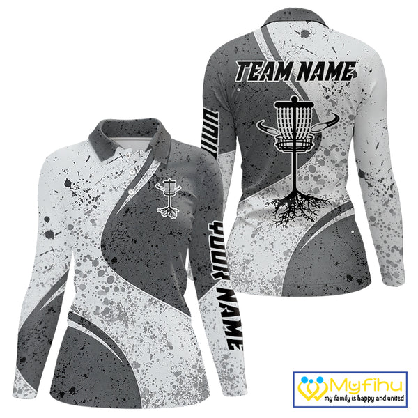Womens Disc Golf Polo Shirt Gray Camo Disc Golf Basket, Personalized Disc Golf Shirts NHT896