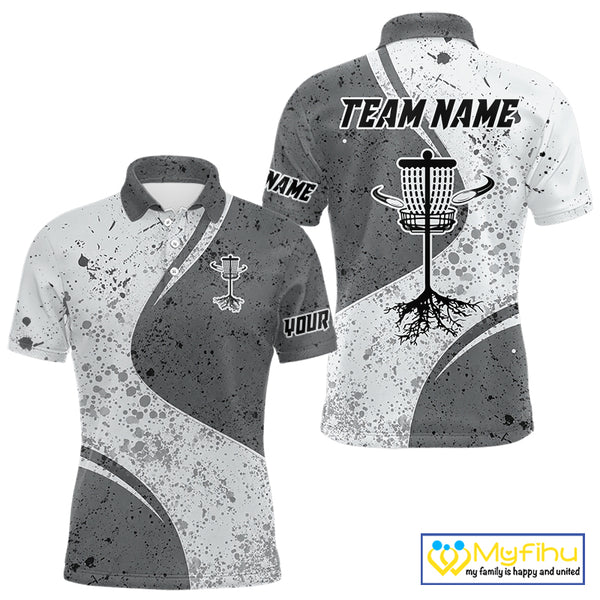 Mens Disc Golf Polo Shirt Gray Camo Disc Golf Basket, Personalized Disc Golf Shirts NHT896