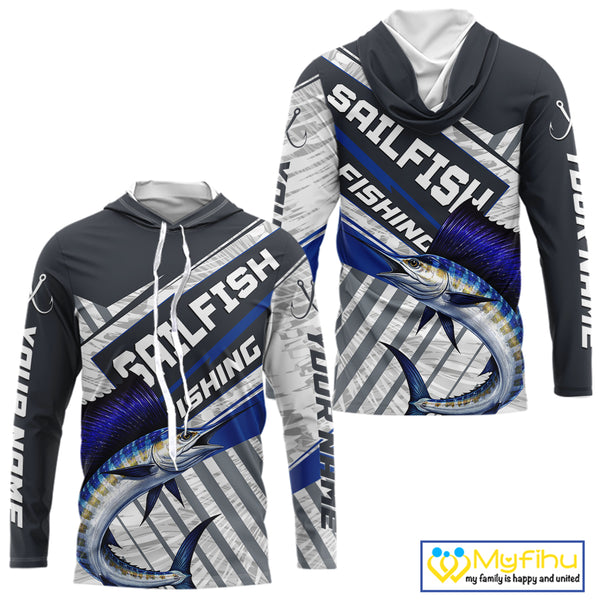 Personalized Sailfish Fishing Jerseys For Fishing Team, Sailfish Hooded Fishing Shirt Long Sleeve NHT920