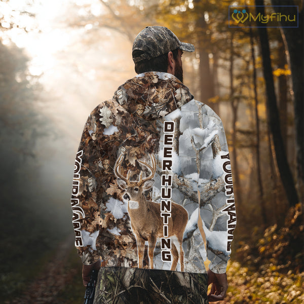Best Deer Hunting Shirt With Whitetail Deer Winter Camo, Custom Name Deer Hunting Clothes NHT245