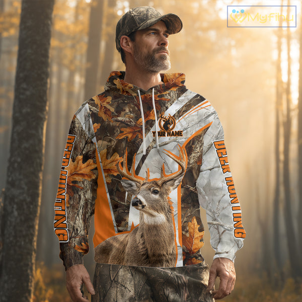 Whitetail Deer Hunting 3D All-Over Print Shirt with Deer Buck, Orange Camo for Deer Hunters NHT249