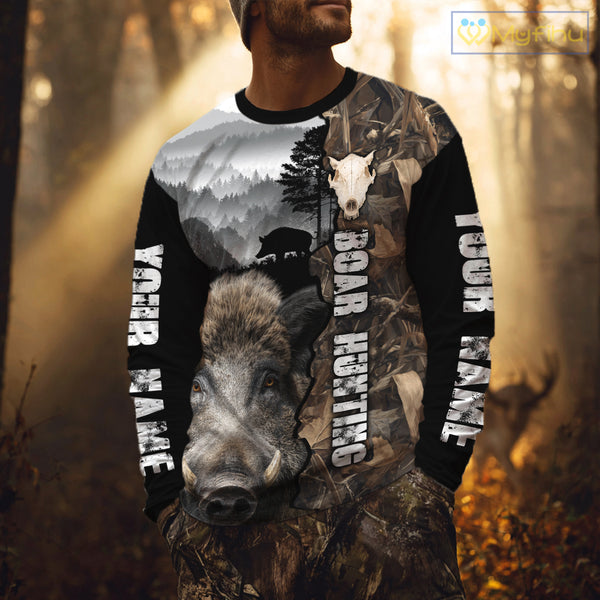 Wild Boar Hunting Camo Custom Name Shirts, Personalized Boar Hunting Clothes NHT324